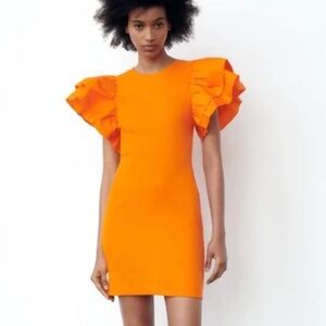 Zara bodycon orange puff shoulder dress